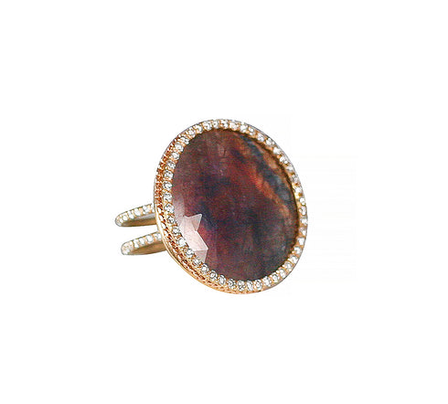 sold - round blue-red sapphire bespoke ring with diamond surround, double shank diamond-lined band, braided rose gold setting <span class='visuallyhidden'>Call, text 323-404-2959 for shopping help.</span>